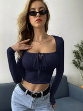 TIE NECK RUCHED BUST CROP TOP-NAVY